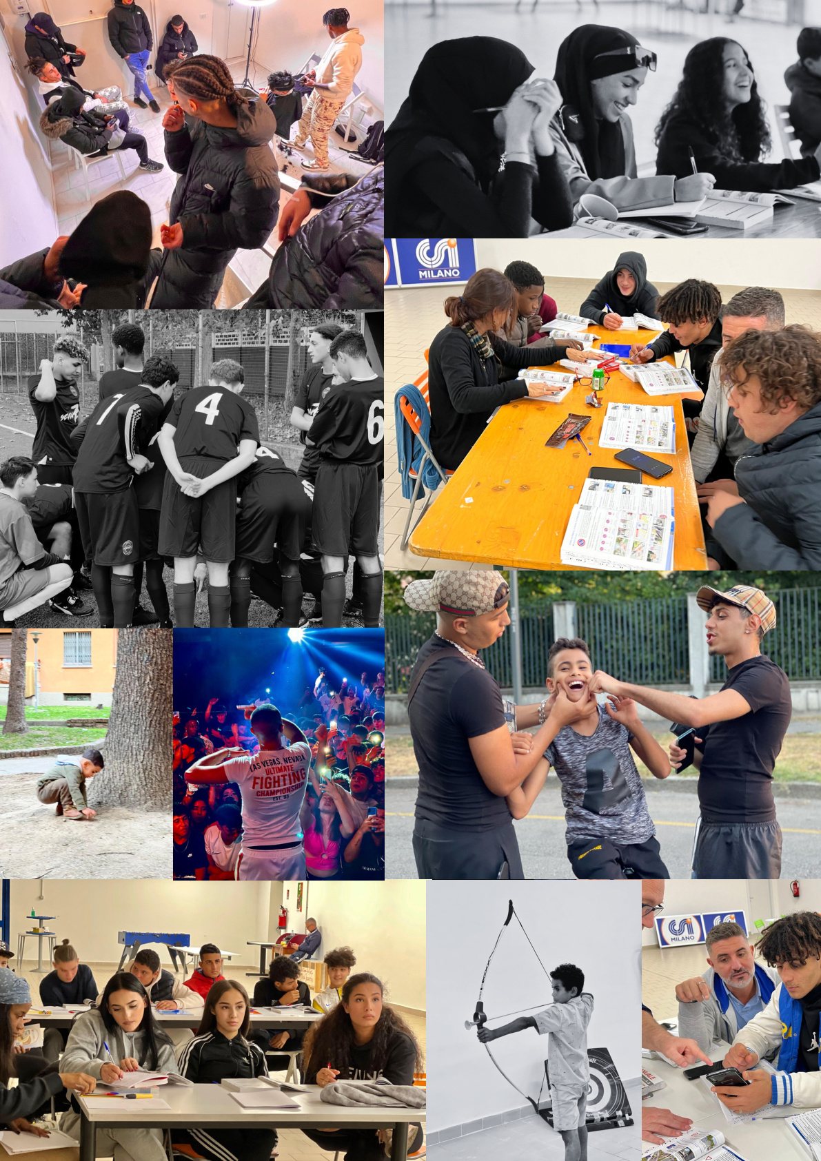 Collage di immagini del progetto: studio, sport, musica e momenti nel quartiere